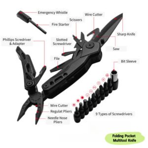 folding pocket tool knife – pliers, screwdriver, opener & whistle with sheath
