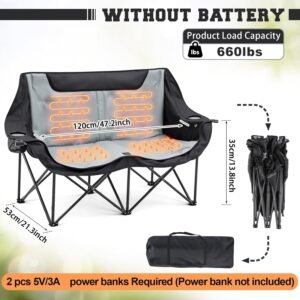low double heated double camping chair for adults, oversized 660lbs camping chair with 4 heating zones & 3 heat levels folding seat with padded for outdoor sports lawn hunting, use 5v/3a power bank