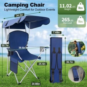 portable camping chair with canopy folding chair with canopy, durable 600d oxford canopy chair for camping, beach, picnics, fishing & sports